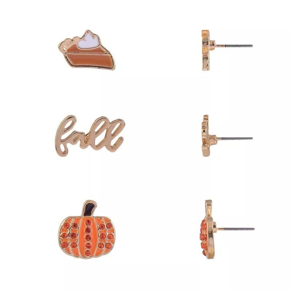 Fall Stud Earrings 3 Pair Set Pumpkin Pie Script Gold NWT